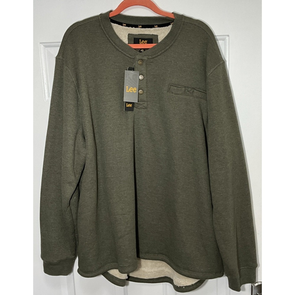 LEE Sherpa Lined Thermal Fleece Henley Long Sleeve Pullover Dark Olive Men's XXL